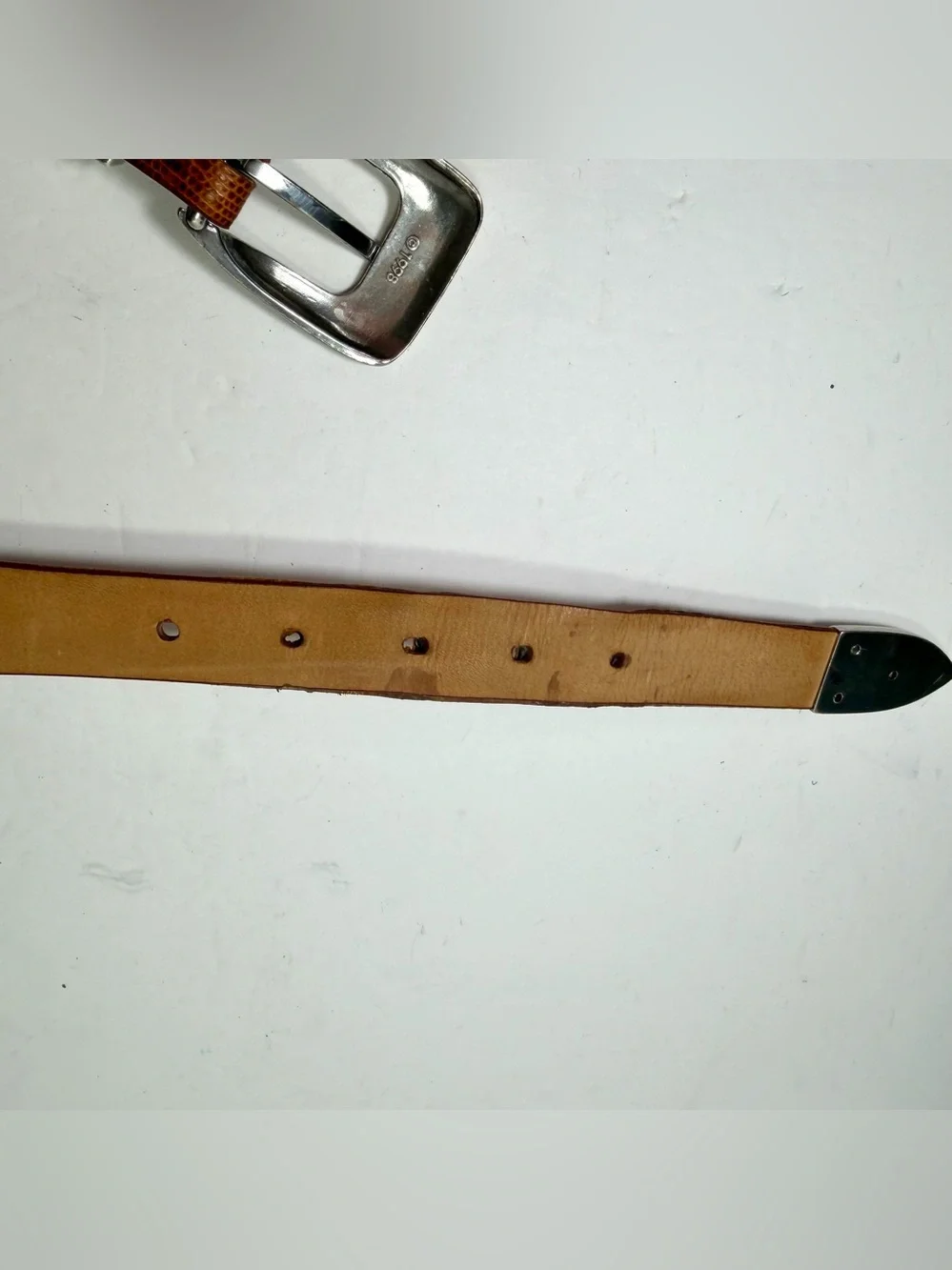 Vintage Italian Calfskin Leather Ranger Belt 38 Lizard Embossed Cognac Brown Y2K